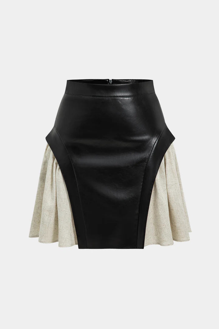 High Waist PU Stitching Skirt