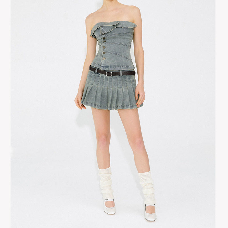 Denim Top Short Skirt Two Piece Set