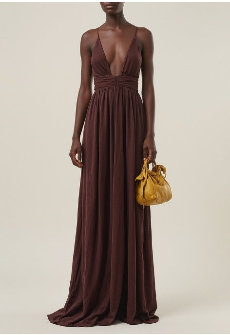 Brown Low-cut Pleated Maxi Dress