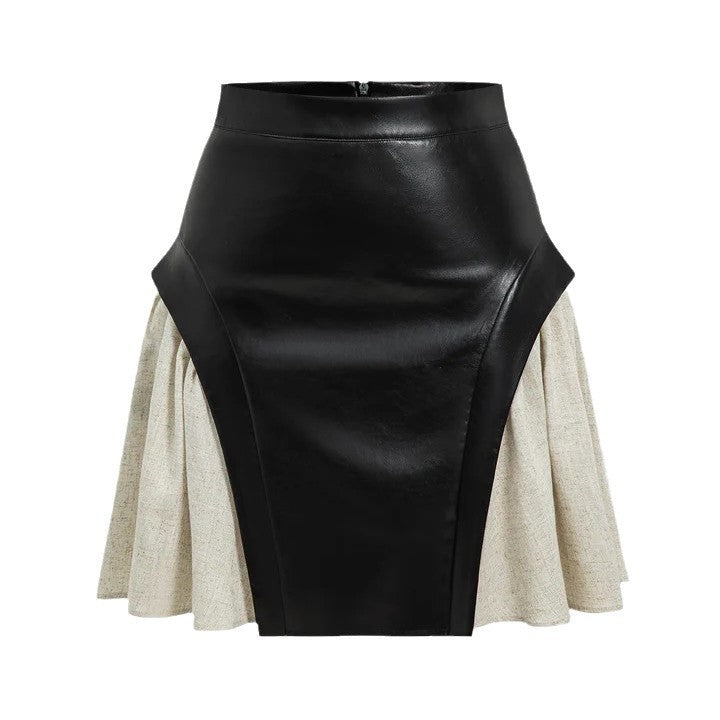 High Waist PU Stitching Skirt
