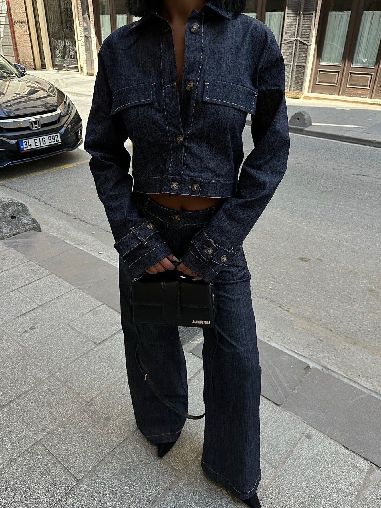 Short Denim Jacket & High-waisted Pants Suit