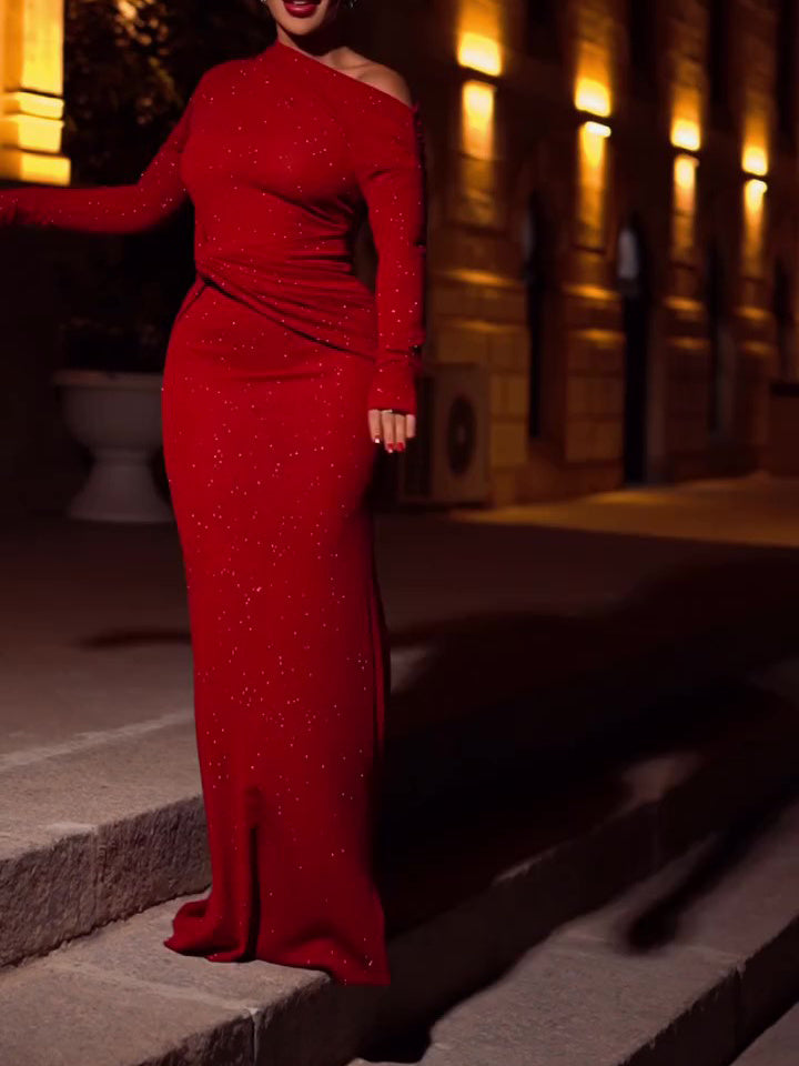 Long-sleeve Twisted Sequin Dress
