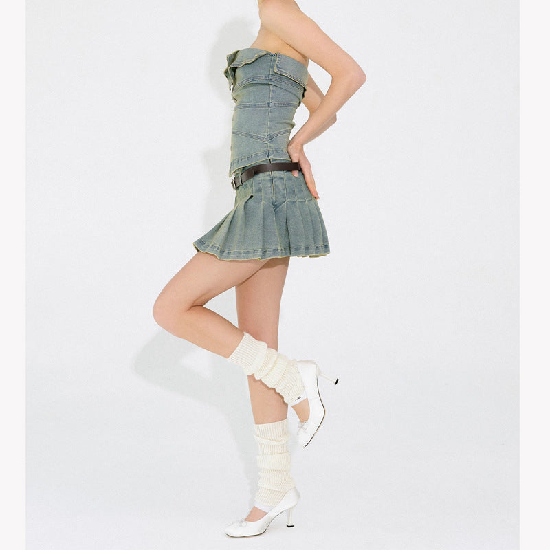 Denim Top Short Skirt Two Piece Set