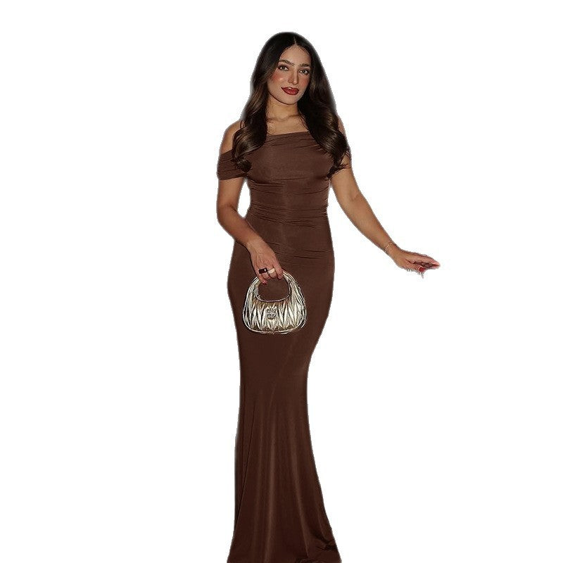 Off-shoulder Pleated Slim Fit Backless Dress