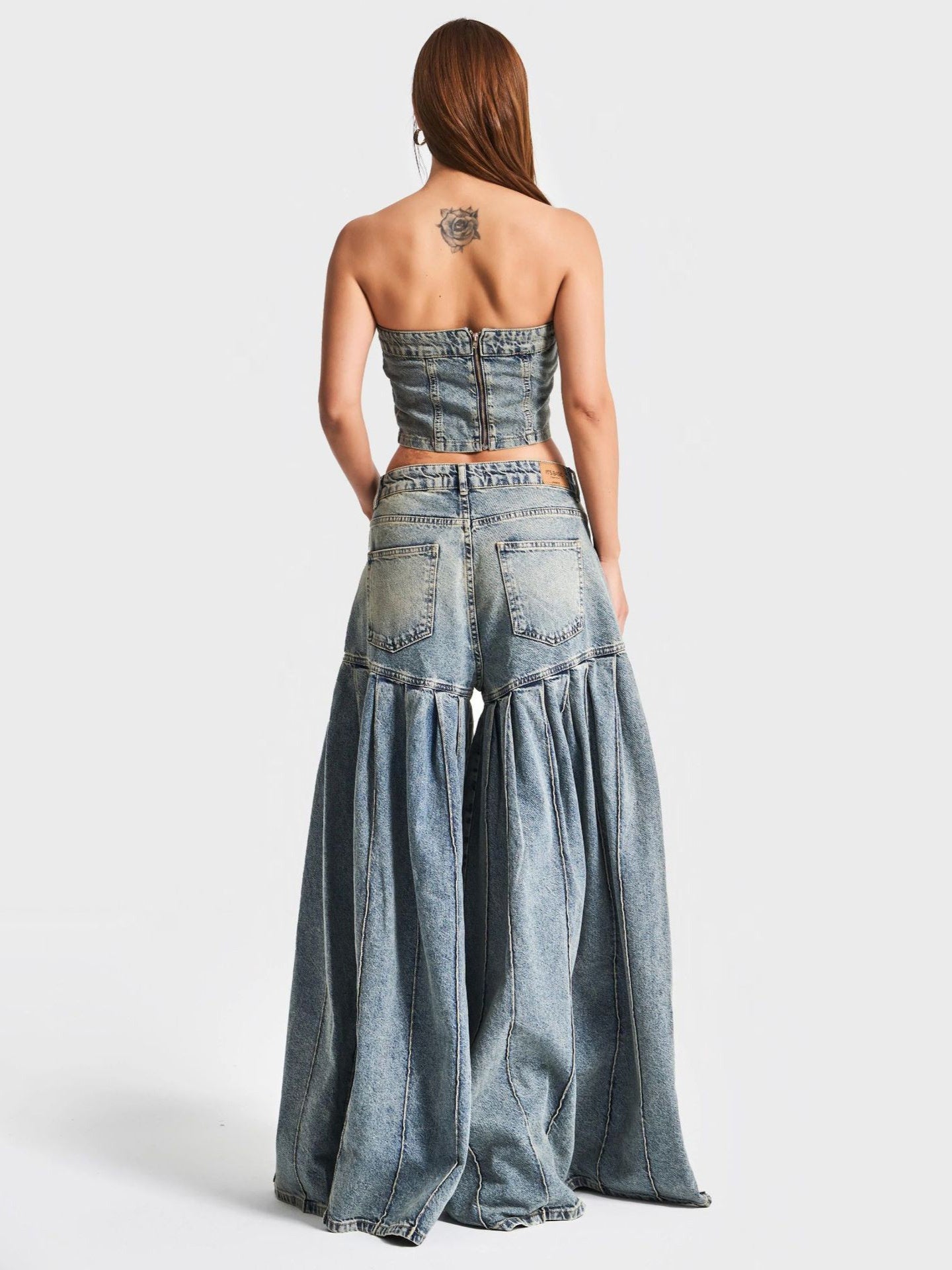 Strapless Denim Corset Crop Top & High - Waisted Pleated Wide - Leg Pants Set