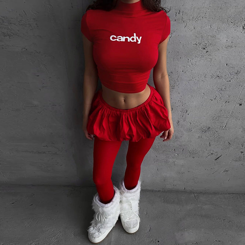 Slim Fit Midriff-baring T-shirt Skirt Suit