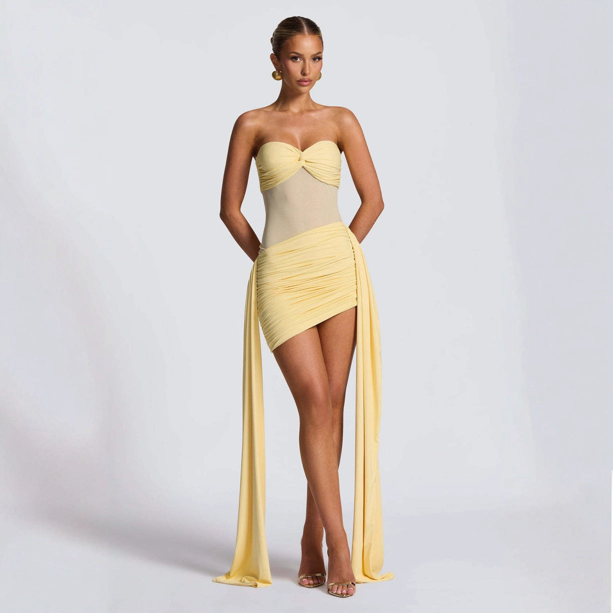 Elegant Mesh Pleated Slit Hemline Style Dress