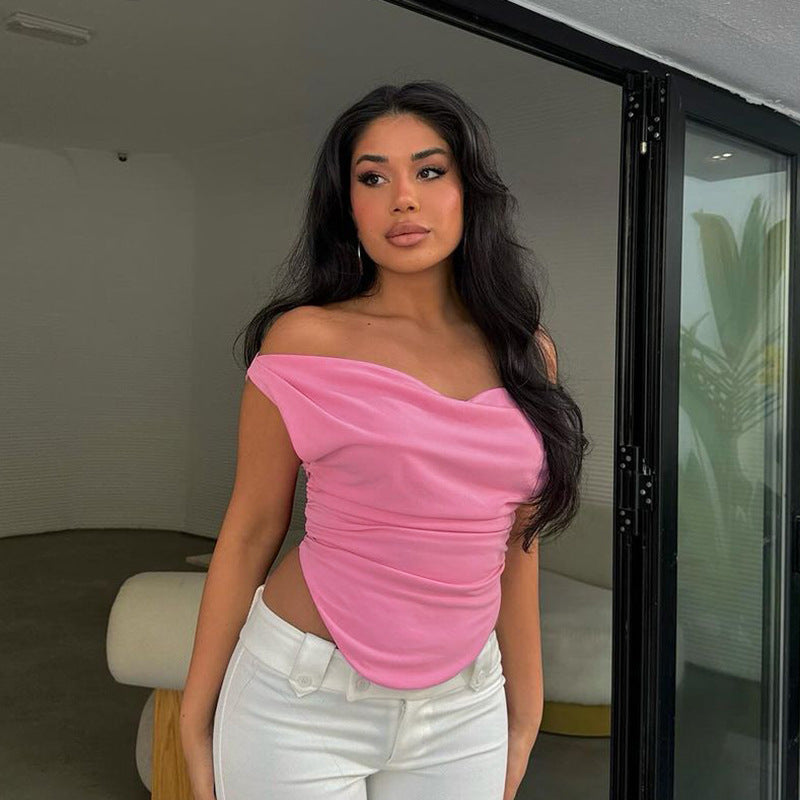 Off-shoulder Pleated Slim Fit Arc Swing Top