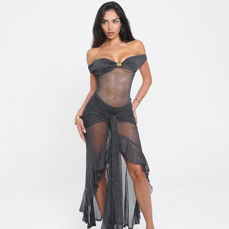 Backless Silver See-through Dress