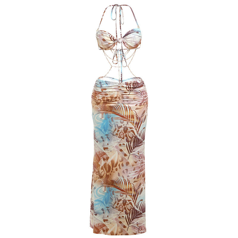 Halter Lace-up Bead Necklace Decoration Dress