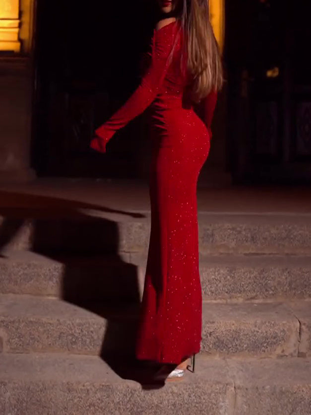 Long-sleeve Twisted Sequin Dress