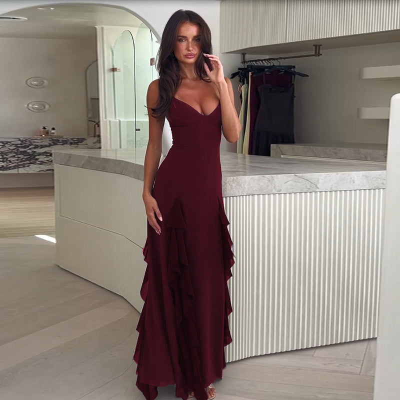 Strap Temperament V-neck Split Ruffled Dress