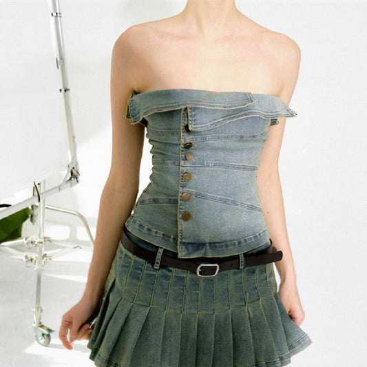 Denim Top Short Skirt Two Piece Set