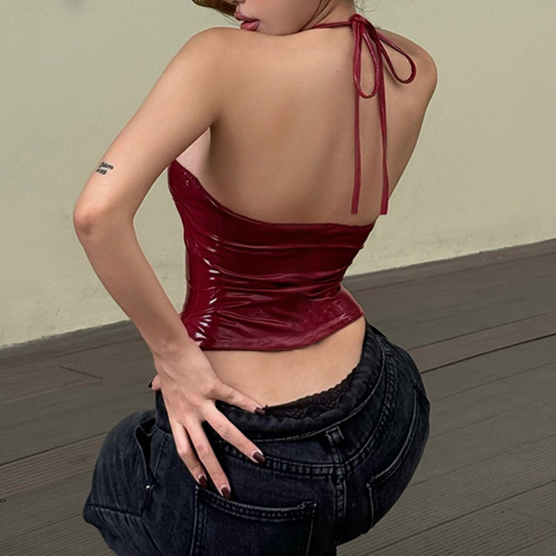 Metal Buckle Pleated Chest Slimming Leather Sling Top
