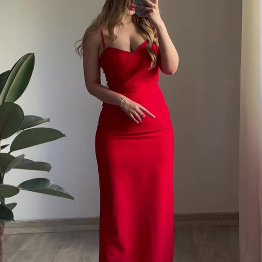 Red Sexy Back Slit Suspender Maxi Dress