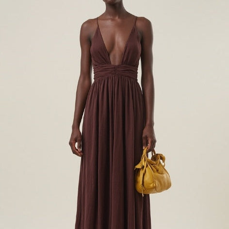 Brown Low-cut Pleated Maxi Dress