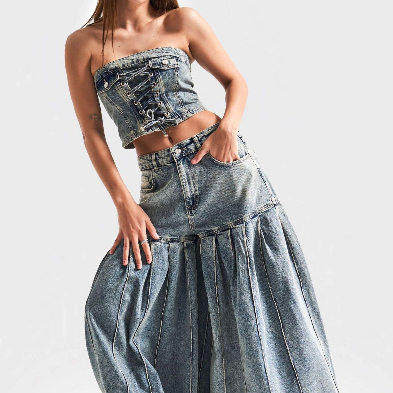 Strapless Denim Corset Crop Top & High - Waisted Pleated  Wide - Leg Pants Set