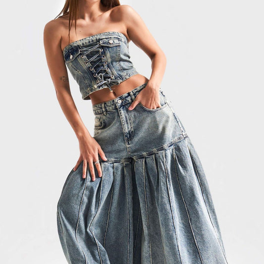 Strapless Denim Corset Crop Top & High - Waisted Pleated  Wide - Leg Pants Set