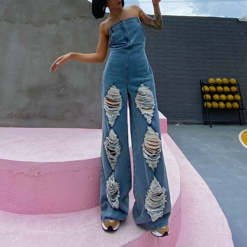 Ripped High-waisted Wide-leg Denim Jumpsuit