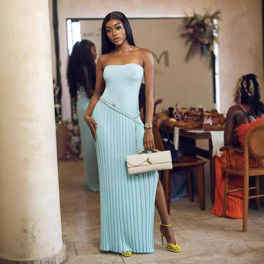 Tube Top Twisted Flower Split Long Dress
