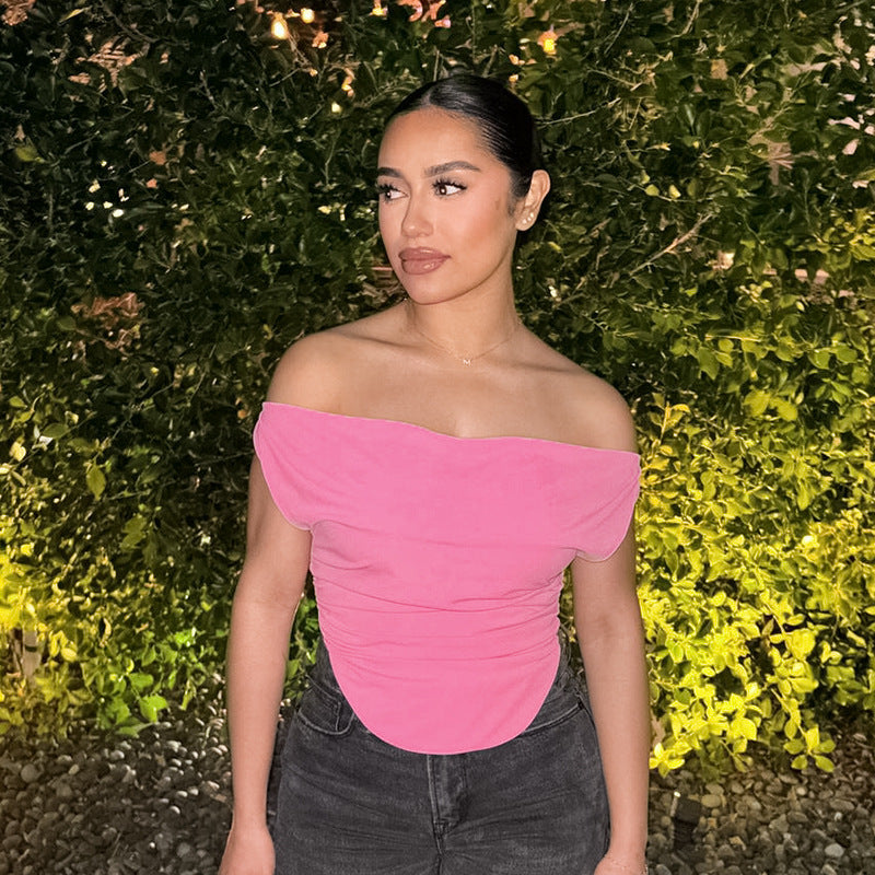 Off-shoulder Pleated Slim Fit Arc Swing Top