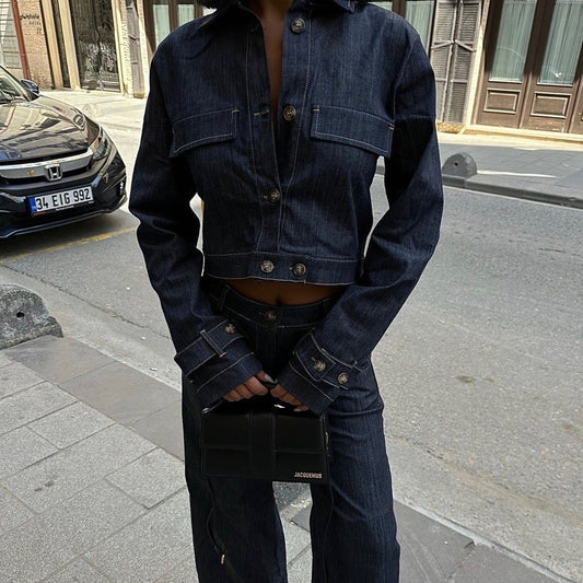 Short Denim Jacket & High-waisted  Pants Suit