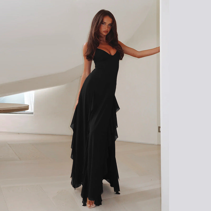 Strap Temperament V-neck Split Ruffled Dress