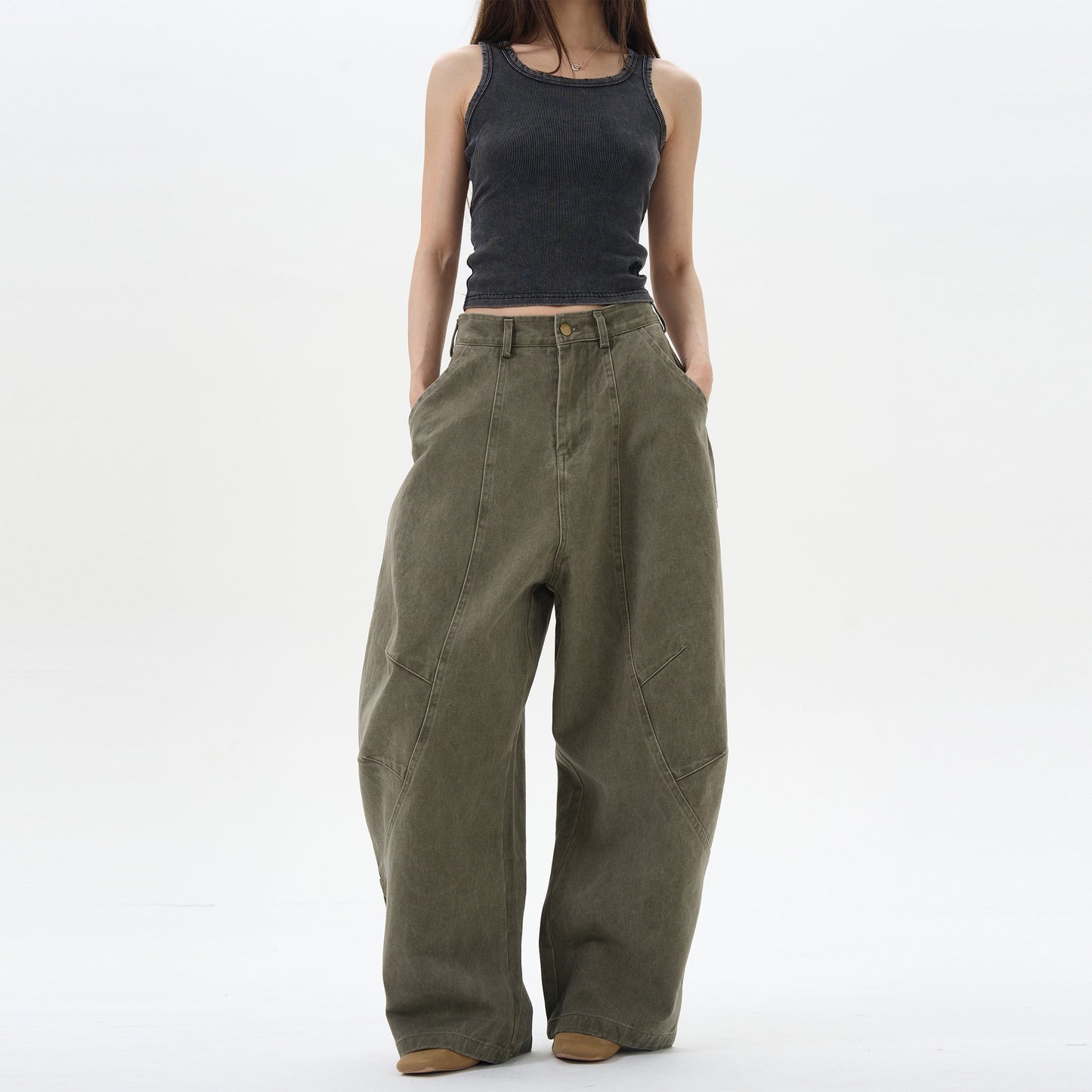 Retro Green Brown Loose Matchet Pants
