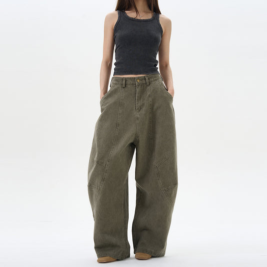 Retro Green Brown Loose Matchet Pants