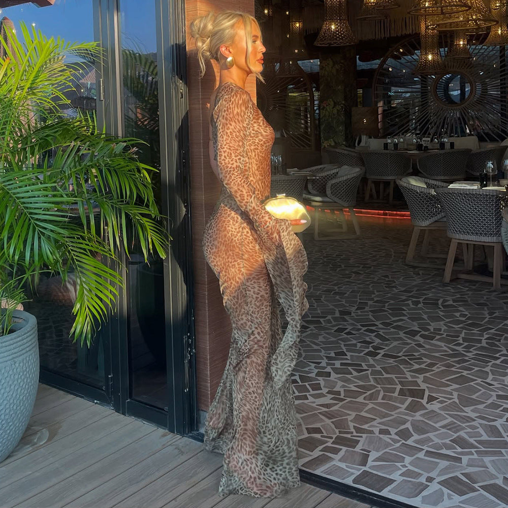 Leopard Print See-through Shoulder Sleeve dress