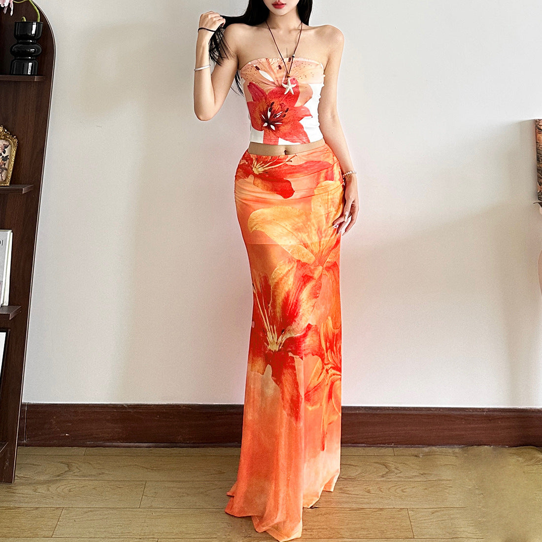 Printed Semi See-through High Waist Slim Skirt