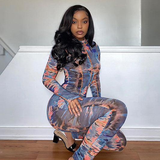 Printed Long Sleeve Slim Sports Jumpsuit