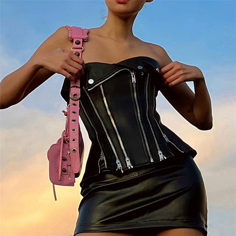 One-shoulder Slim Revealing Leather Undershirt
