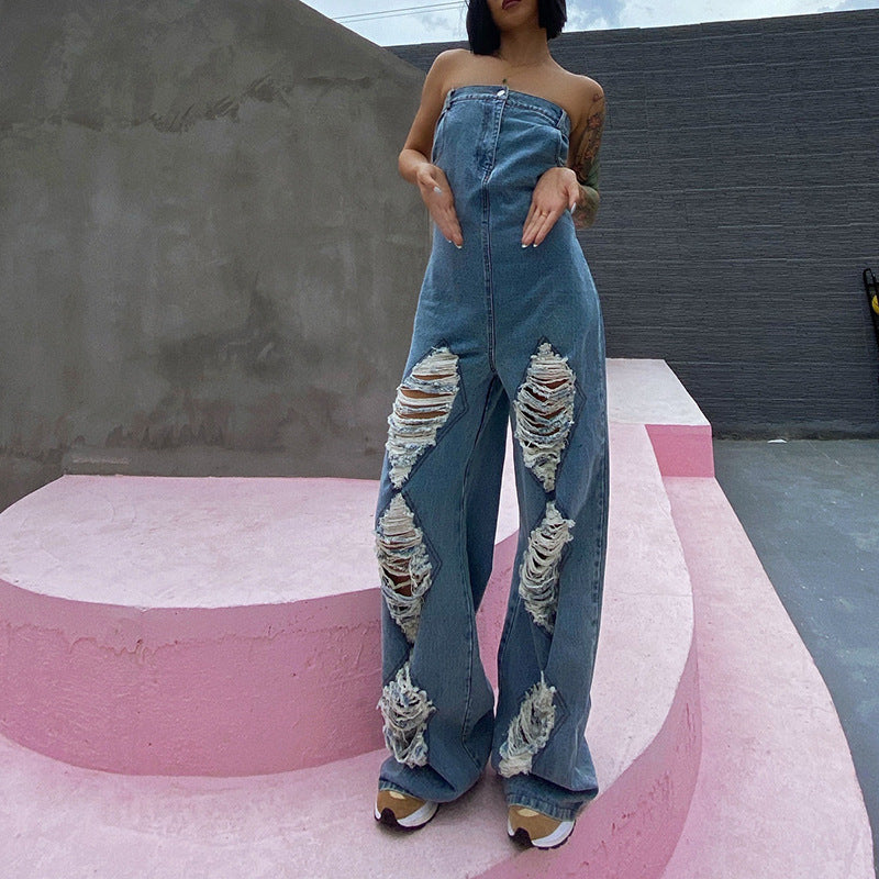 Ripped High-waisted Wide-leg Denim Jumpsuit