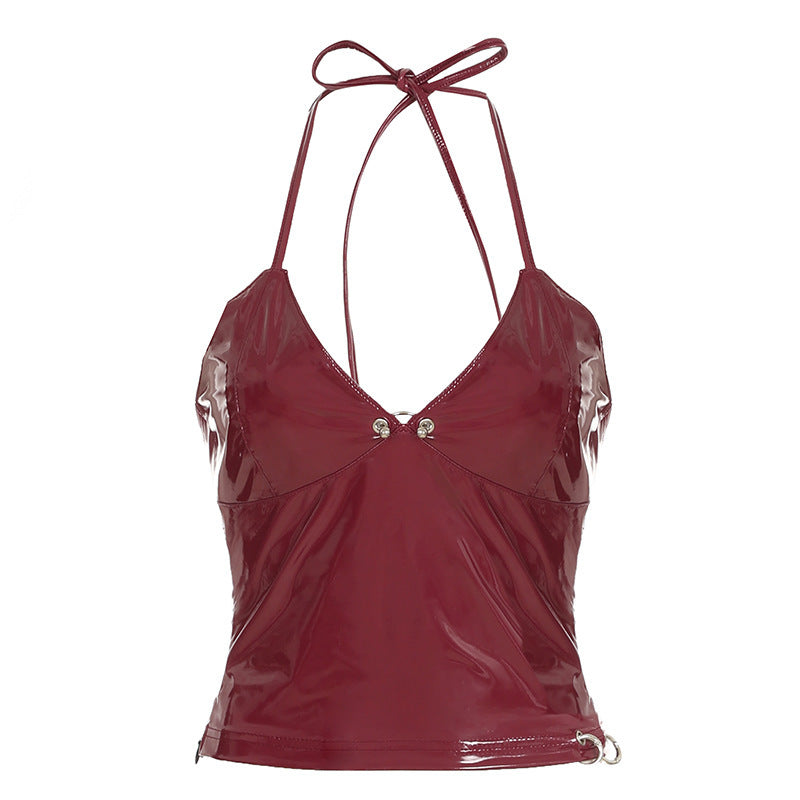 Metal Buckle Pleated Chest Slimming Leather Sling Top