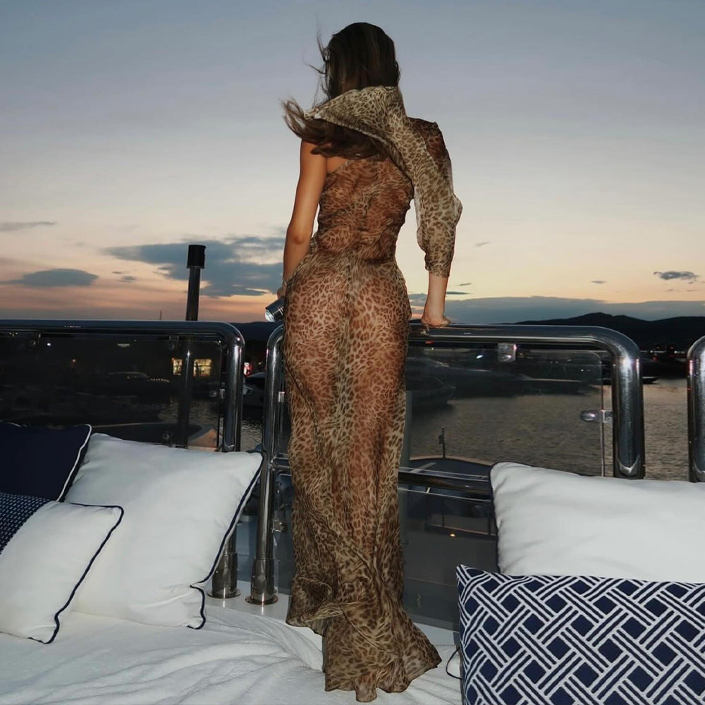 Leopard Print See-through Shoulder Sleeve dress