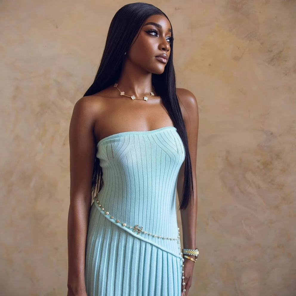Tube Top Twisted Flower Split Long Dress