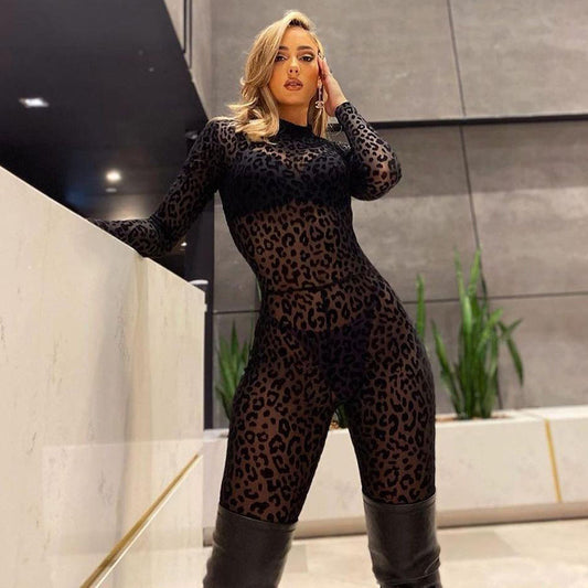 Flocked Jumpsuit with Hollow Zipper