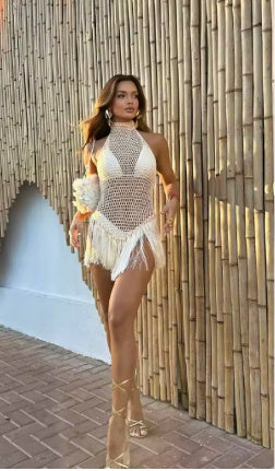 Round Neck Hollow Backless Tassel Beach Dress