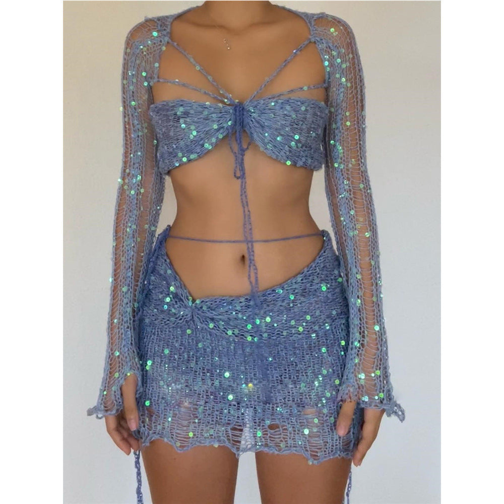 Embroidery Knitted Sweater Three-piece Set