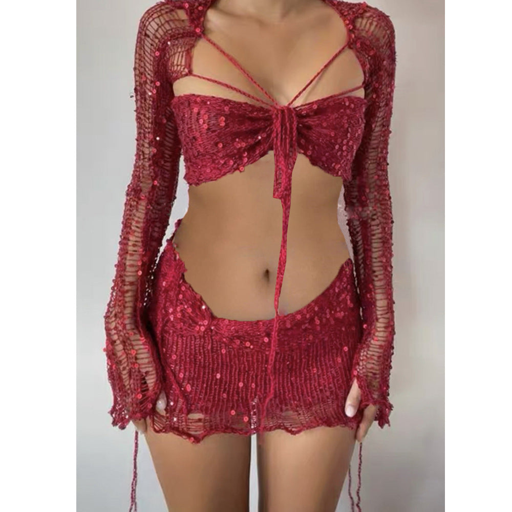 Embroidery Knitted Sweater Three-piece Set