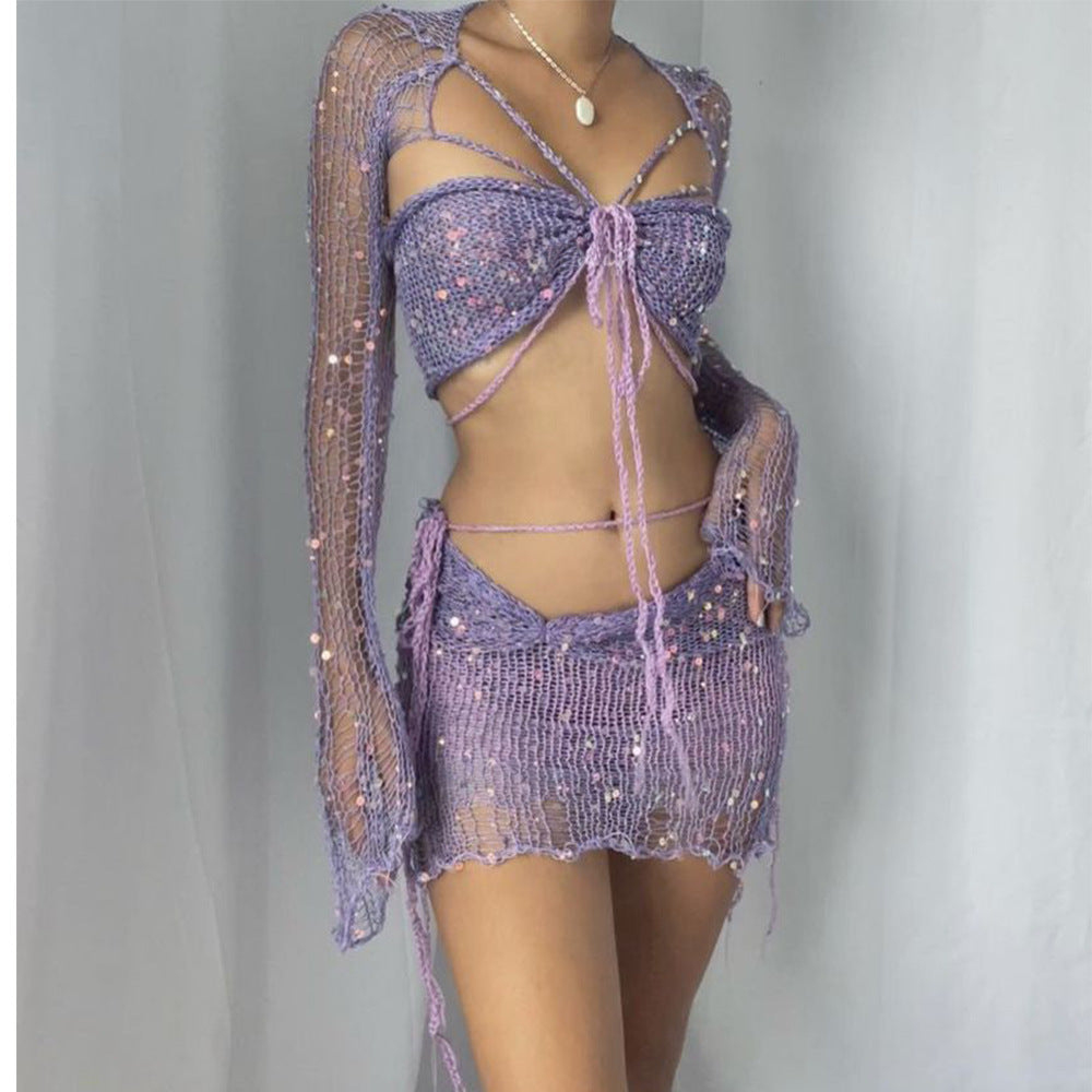 Embroidery Knitted Sweater Three-piece Set