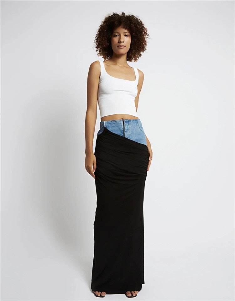 Black Panel Denim Skirt