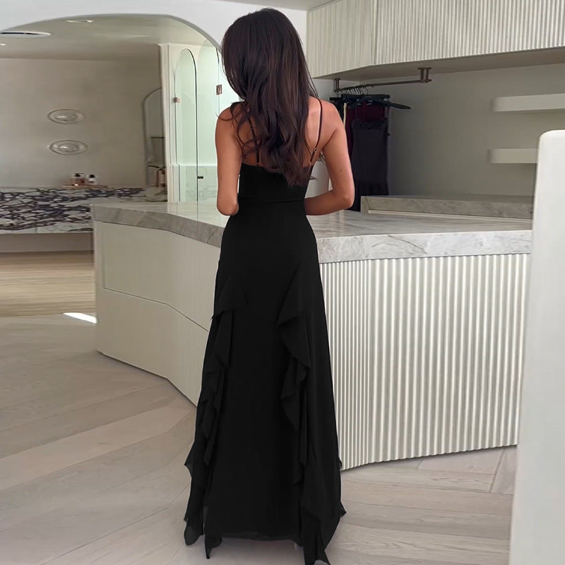 Strap Temperament V-neck Split Ruffled Dress