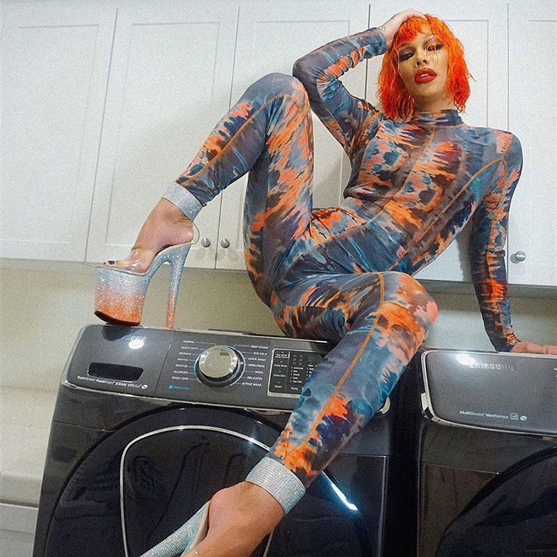 Printed Long Sleeve Slim Sports Jumpsuit