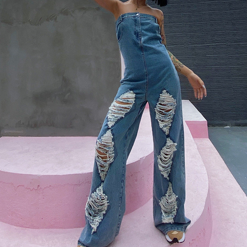 Ripped High-waisted Wide-leg Denim Jumpsuit