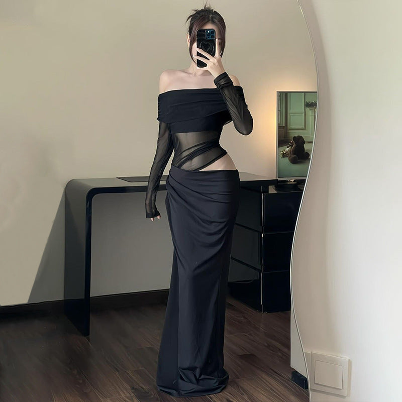 Off-shoulder Mesh Long Dress