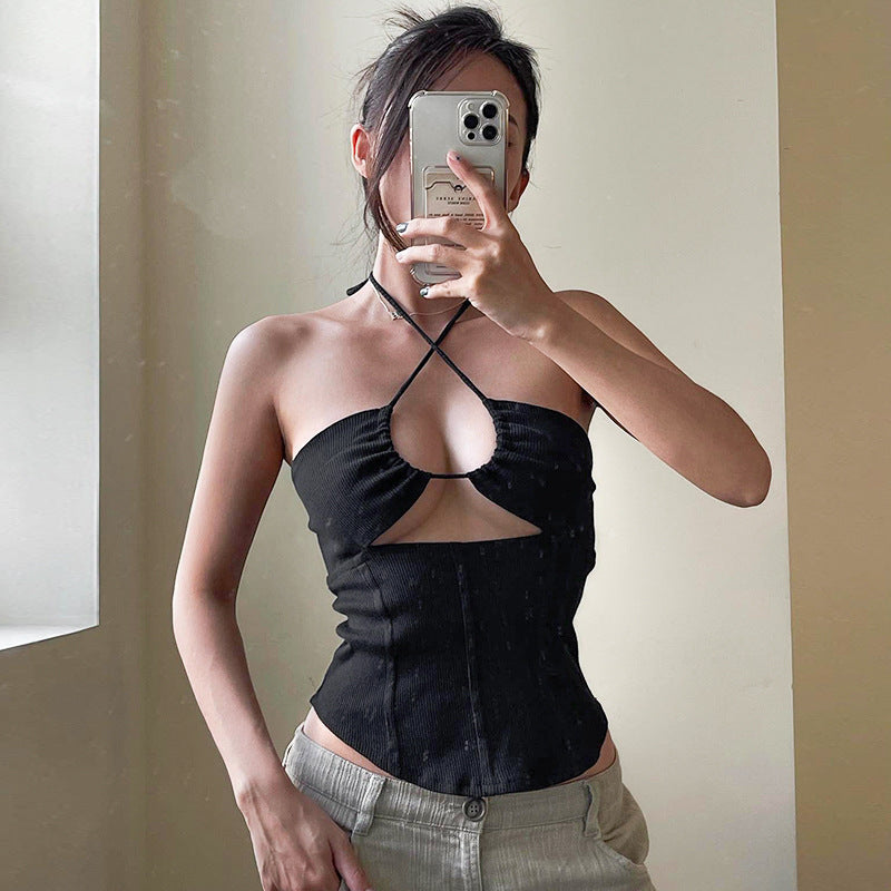 One-line Neck Hanging Lace-up Top