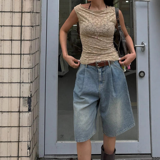 Retro Pleated Wide Leg Straight Denim Shorts