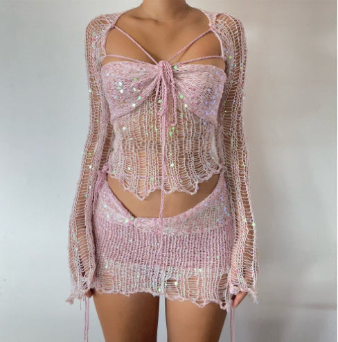 Embroidery Knitted Sweater Three-piece Set